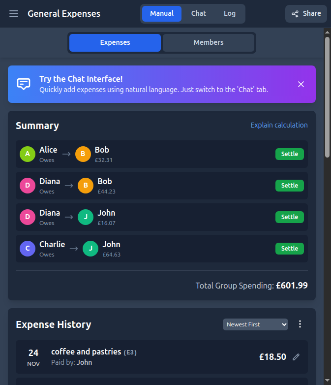 Manual Interface - Traditional Form-Based Expense Entry with Sample Data